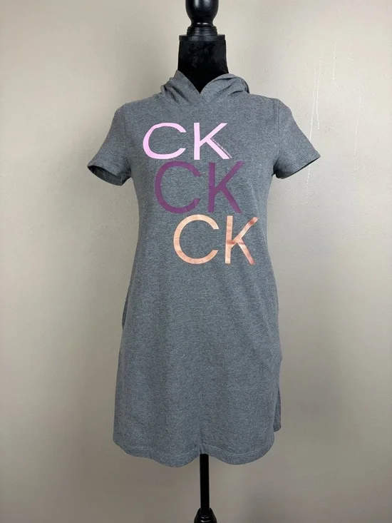 Calvin Klein Performance Gray Hooded Sweatshirt Dress CK Logo Girl XL/16 Pockets - Picture 2 of 16